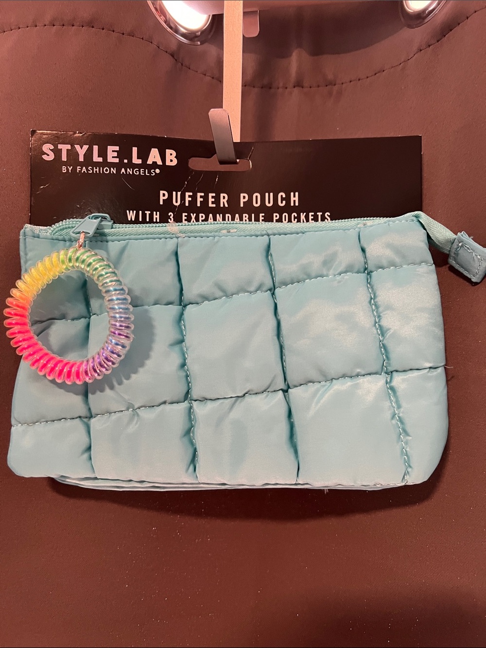 T
Style lab Quilted Puffer Pouch — Aqua Blue with Rainbow Coil